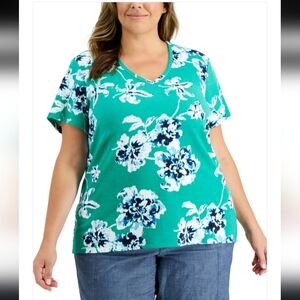 NWT Karen Scott Floral Graphic Printed Top,Green Size 2X